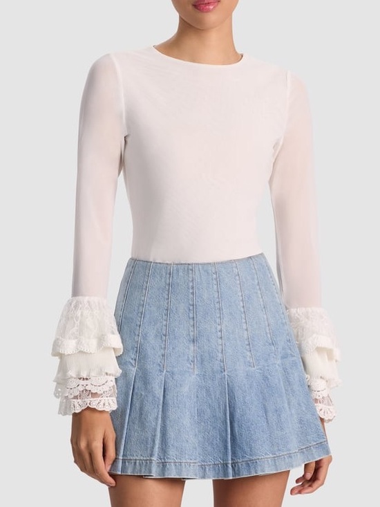 Alice + Olivia Tops - NWT Alice + Olivia Delaina Long Sleeve Top With Ruffle Cuff size Small in White